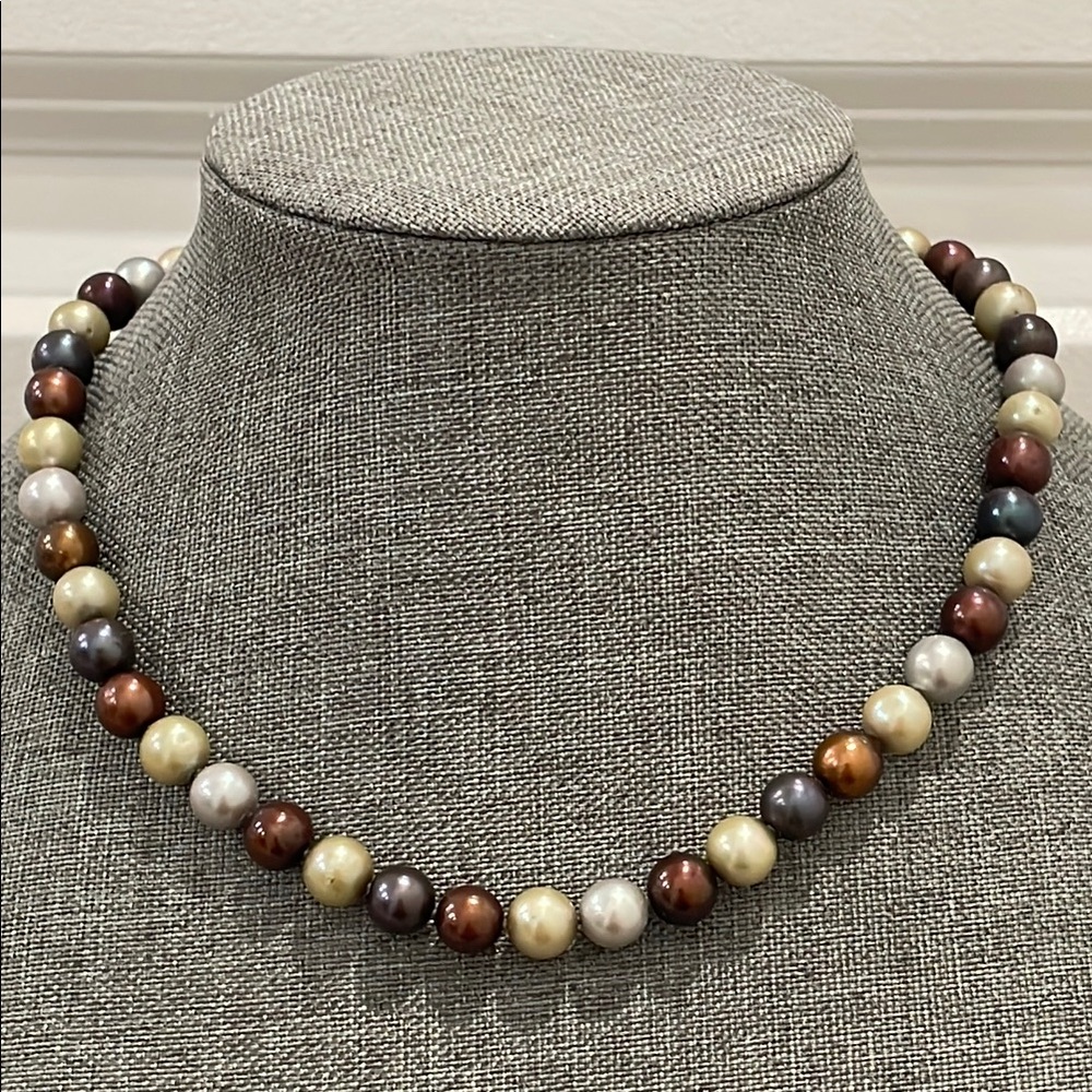 Faux Brown, Silver, Light Gold, and Dark Gray/Blue  Pearl Necklace